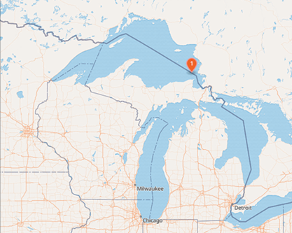 The red pin indicates the location of the wreck of the Edmund Fitzgerald. 
